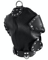 Leather Bondage Hood with Detachable Eyes and Nose Flap