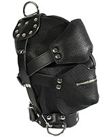Leather Bondage Hood with Detachable Eyes and Nose Flap